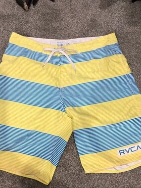 RVCA Men’s Boys Yellow and Light Blue Striped Swim Shorts Size 34